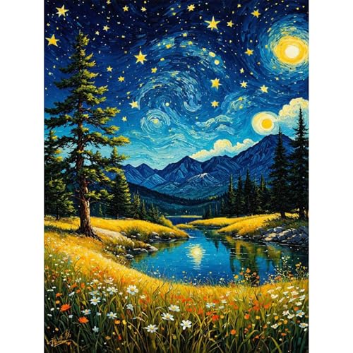 Viart Malen Nach Zahlen Sternennacht-Malen nach Zahlen Erwachsene Landschaft,Nacht Paint by Numbers Adult für Home Wand Dekor 30x40cm von Viart