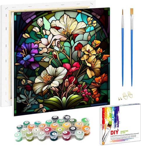 Viart Mehrfarbiges Glas Blumen Malen Nach Zahlen mit Rahmen-Mehrfarbiges Glas Malen Nach Zahlen Erwachsene mit Rahmen,Blumen Malen Nach Zahlen für Erwachsene Als Home Wand Dekor 20x20cm von Viart