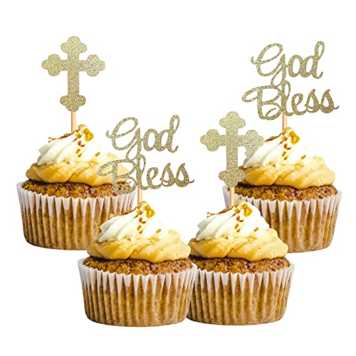 36 Stück Gott Segen und Kreuz Cupcake Toppers Glitzer, Erstkommunion Taufe Cupcake Picks Dekorationen für christliche Taufe Thema Geburtstag Party Supplies Golden von Vibeascomfotaler