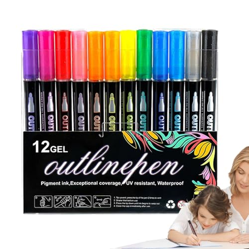 Vibhgtf Graffiti-Marker zum Ausmalen: Doppellinien-Doodle-Konturmarker | Schimmernde Textmarker für Bastelarbeiten, Scrapbooking, Fotoalben und Tagebücher von Vibhgtf