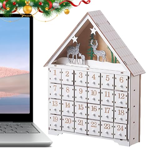 Weihnachts-Countdown-Haus aus Holz, beleuchtete Tischdekoration mit 24 Countdown-Schubladen, Tischdekoration, Weihnachts-Countdown-Dekoration von Vibhgtf