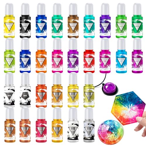 Alkoholtinte Set Alkohol Tinte 30 Flaschen - 20 Lebendig Farben mit 10 Metallic Farben Alkohol Ink für Epoxidharz Kunst, Untersetzer, Petrischalen - Konzentrierter Alcohol Ink Harzfarbe für MalereI von Vibrandye