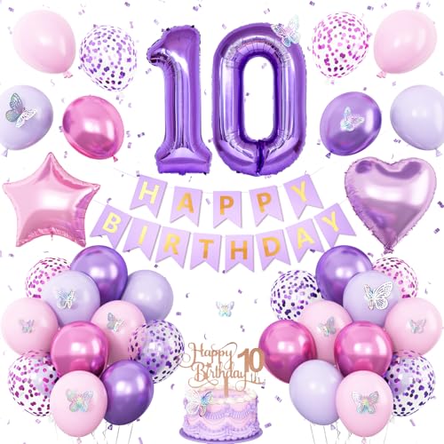 Dekoration zum 10. Geburtstag für Mädchen, rosa lila Schmetterling Party Dekorationen 10. Geburtstag Luftballons rosa lila Banner Nummer 10 Luftballons Kuchen Topper Schmetterling Party Supplies für Dekoration zum 10. Geburtstag für Mädchen, rosa lila Schmetterling Party Dekorationen 10. Geburtstag Luftballons rosa lila Banner Nummer 10 Luftballons Kuchen Topper Schmetterling Party Supplies für von Vibzox