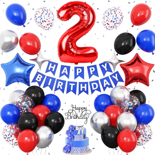 Dekoration zum 2. Geburtstag für Jungen, Rot Schwarz Blau Geburtstag Ballon Zahl 2 Ballon mit Stern Folienballons Banner Kuchen Topper für 2 Jahre alte Helden-Mottoparty-Dekoration Dekoration zum 2. Geburtstag für Jungen, Rot Schwarz Blau Geburtstag Ballon Zahl 2 Ballon mit Stern Folienballons Banner Kuchen Topper für 2 Jahre alte Helden-Mottoparty-Dekoration von Vibzox