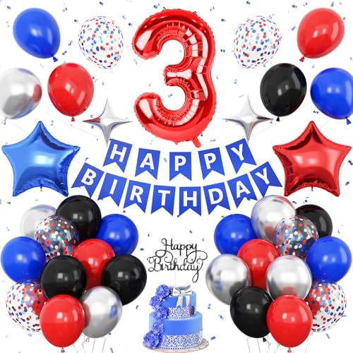 Dekoration zum 3. Geburtstag für Jungen, Rot Schwarz Blau Geburtstag Ballon Zahl 3 Ballon mit Stern Folienballons Banner Kuchen Topper für 3 Jahre alte Helden-Mottoparty-Dekoration Dekoration zum 3. Geburtstag für Jungen, Rot Schwarz Blau Geburtstag Ballon Zahl 3 Ballon mit Stern Folienballons Banner Kuchen Topper für 3 Jahre alte Helden-Mottoparty-Dekoration von Vibzox