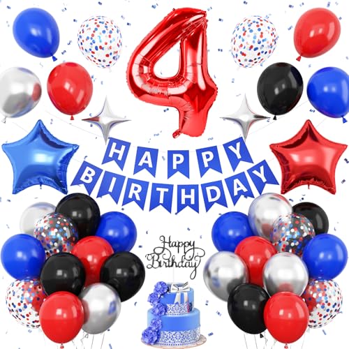 Dekoration zum 4. Geburtstag, Rot, Schwarz, Blau, Metallic, Silber, Blau, Rot, 4. Party-Ballons, Stern-Folienballons, Banner, Kuchendekoration, Helden-Thema, Geburtstagsparty-Dekoration für 4-jährige Dekoration zum 4. Geburtstag, Rot, Schwarz, Blau, Metallic, Silber, Blau, Rot, 4. Party-Ballons, Stern-Folienballons, Banner, Kuchendekoration, Helden-Thema, Geburtstagsparty-Dekoration für 4-jährige von Vibzox