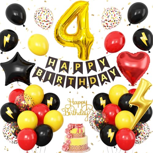 Dekoration zum 4. Geburtstag für Jungen, rot, schwarz, gelb, Geburtstagsballon für Kinder, Blitzdruck, Zahl 4, Banner, Kuchendekoration, für Jungen und Mädchen, Geburtstagsparty-Dekoration Dekoration zum 4. Geburtstag für Jungen, rot, schwarz, gelb, Geburtstagsballon für Kinder, Blitzdruck, Zahl 4, Banner, Kuchendekoration, für Jungen und Mädchen, Geburtstagsparty-Dekoration von Vibzox