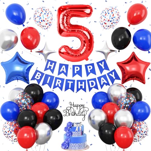 Dekoration zum 5. Geburtstag, Rot, Schwarz, Blau, Metallic, Silber, Blau, Rot, 5. Party-Ballons, Stern-Folienballons, Banner, Kuchendekoration, Helden-Thema, Geburtstagsparty-Dekoration für 5-jährige Dekoration zum 5. Geburtstag, Rot, Schwarz, Blau, Metallic, Silber, Blau, Rot, 5. Party-Ballons, Stern-Folienballons, Banner, Kuchendekoration, Helden-Thema, Geburtstagsparty-Dekoration für 5-jährige von Vibzox