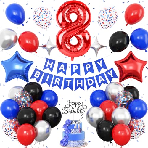 Dekoration zum 8. Geburtstag, Rot, Schwarz, Blau, Partyballons für Jungen, Kinder, Zahl 8, Luftballon, Sterne, Folienballons, Banner, Kuchendekoration, Helden-Thema, Geburtstagsparty-Dekoration Dekoration zum 8. Geburtstag, Rot, Schwarz, Blau, Partyballons für Jungen, Kinder, Zahl 8, Luftballon, Sterne, Folienballons, Banner, Kuchendekoration, Helden-Thema, Geburtstagsparty-Dekoration von Vibzox