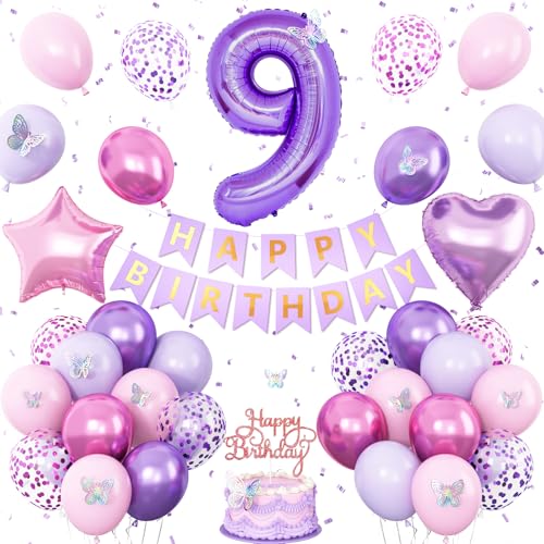Dekoration zum 9. Geburtstag für Mädchen, rosa lila Schmetterling Geburtstagsdekorationen rosa lila Banner Nummer 9 Luftballons Kuchenaufsatz Schmetterling Partyzubehör für Mädchen Dekoration zum 9. Geburtstag für Mädchen, rosa lila Schmetterling Geburtstagsdekorationen rosa lila Banner Nummer 9 Luftballons Kuchenaufsatz Schmetterling Partyzubehör für Mädchen von Vibzox