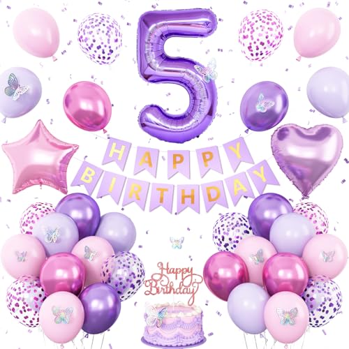 Geburtstagsdekorationen zum 5. Geburtstag, Rosa, Lila, Luftballons zum 5. Geburtstag, für Mädchen, Lavendel, Party-Dekoration, Banner Nummer 5, Kuchendekoration, Schmetterlingsparty-Dekorationen für 5 Geburtstagsdekorationen zum 5. Geburtstag, Rosa, Lila, Luftballons zum 5. Geburtstag, für Mädchen, Lavendel, Party-Dekoration, Banner Nummer 5, Kuchendekoration, Schmetterlingsparty-Dekorationen für 5 von Vibzox