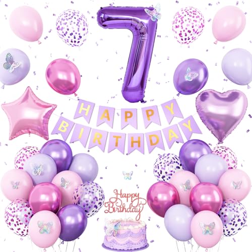 Geburtstagsdekorationen zum 7. Geburtstag, rosa und lila, 7. Geburtstag für Mädchen, Lavendel, Party-Dekoration, Geburtstagsbanner Nummer 7, Luftballons, Kuchendekoration Geburtstagsdekorationen zum 7. Geburtstag, rosa und lila, 7. Geburtstag für Mädchen, Lavendel, Party-Dekoration, Geburtstagsbanner Nummer 7, Luftballons, Kuchendekoration von Vibzox
