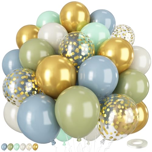 Staubige grüne blaue Luftballons, 50 Stück, 30,5 cm, Boho-Ballons mit Retro, Salbeigrün, Blau, Boho, Gold, Konfetti-Latex-Ballon für Hochzeit, neutrale Geburtstags-, Safari-, Babyparty-Dekoration, 50 Staubige grüne blaue Luftballons, 50 Stück, 30,5 cm, Boho-Ballons mit Retro, Salbeigrün, Blau, Boho, Gold, Konfetti-Latex-Ballon für Hochzeit, neutrale Geburtstags-, Safari-, Babyparty-Dekoration, 50 von Vibzox