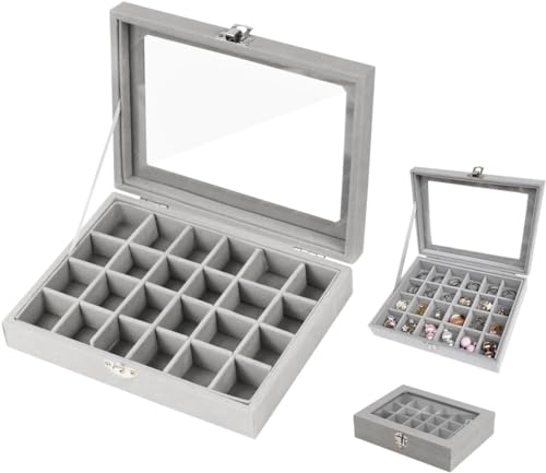 24 FächerJewelry Organizer Schmuckkasten, Damen Schmuckkasten, Beflockung Halskette Ohrringe Ring Schmuckschatulle, Transparente Aufbewahrungsbox für Schmuck, Grau von VicBou