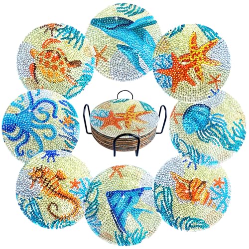 Vicglory 8 Stück Diamond Painting Untersetzer, DIY Diamond Painting Untersetzer Kinder mit Halter, Sea Life 5D Diamond Art Painting Untersetzer Kits für Erwachsene Kinder Anfänger von Vicglory