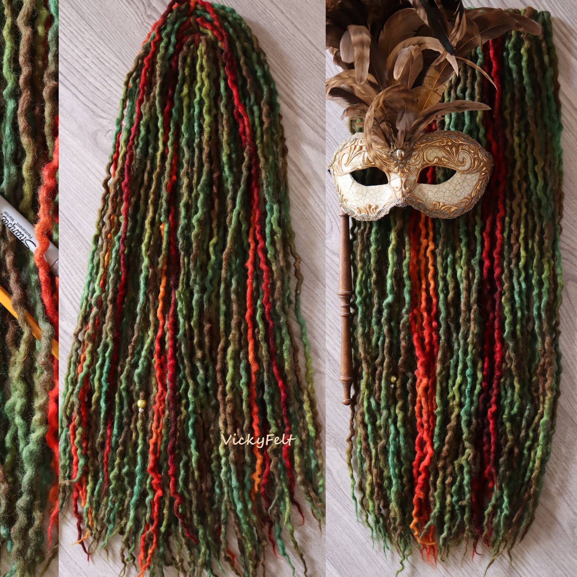 15 De Dreads Komplettset Dreadlocks Doppelseitige Verlängerungen Grün Braun Ombre Gewellt von VickyFelt