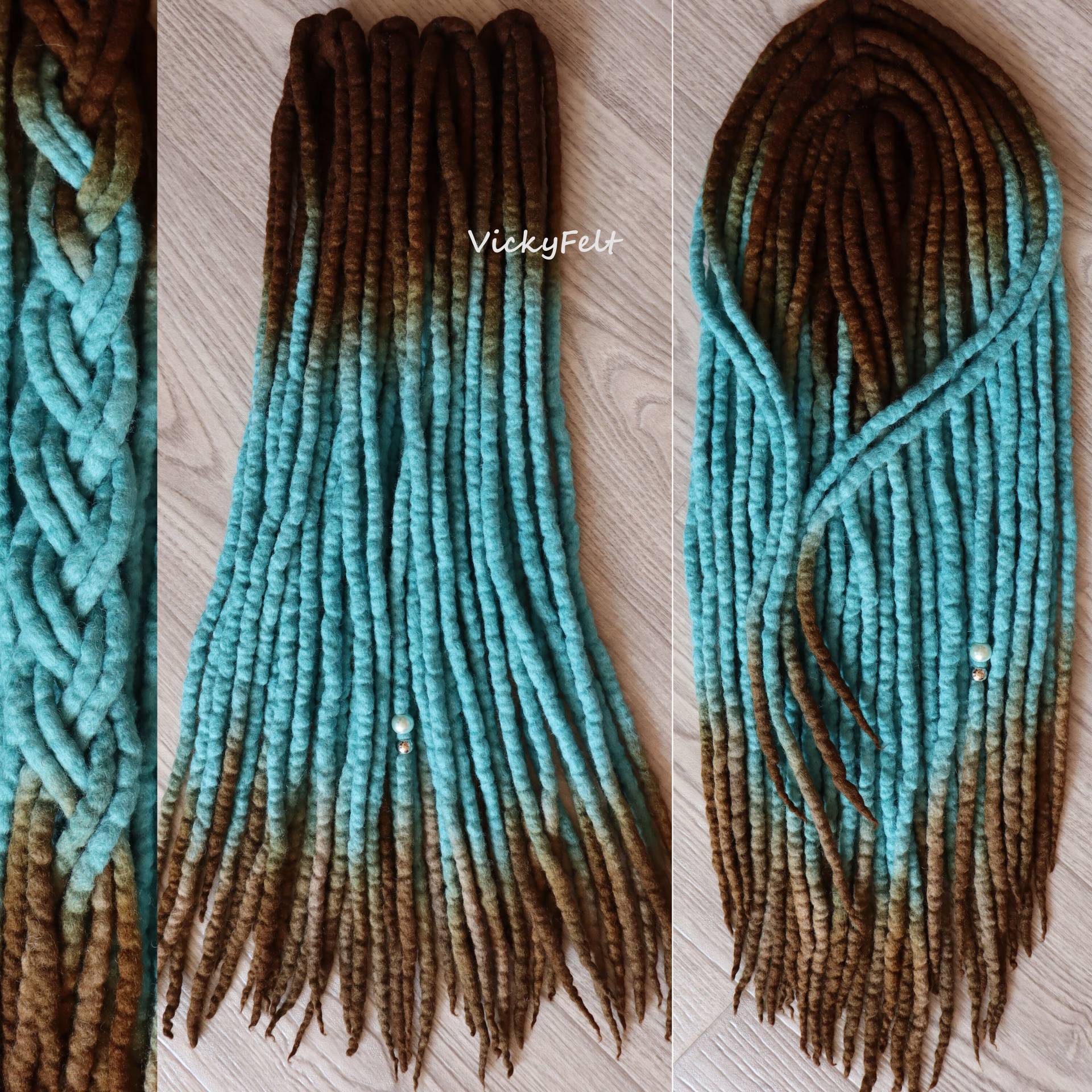 De Ombre Wolle Dreads 15 Bis Full Set Erweiterungen Dreadlocks 14-32 Zoll Double End Braun Wurzeln "Sea Blue" von VickyFelt