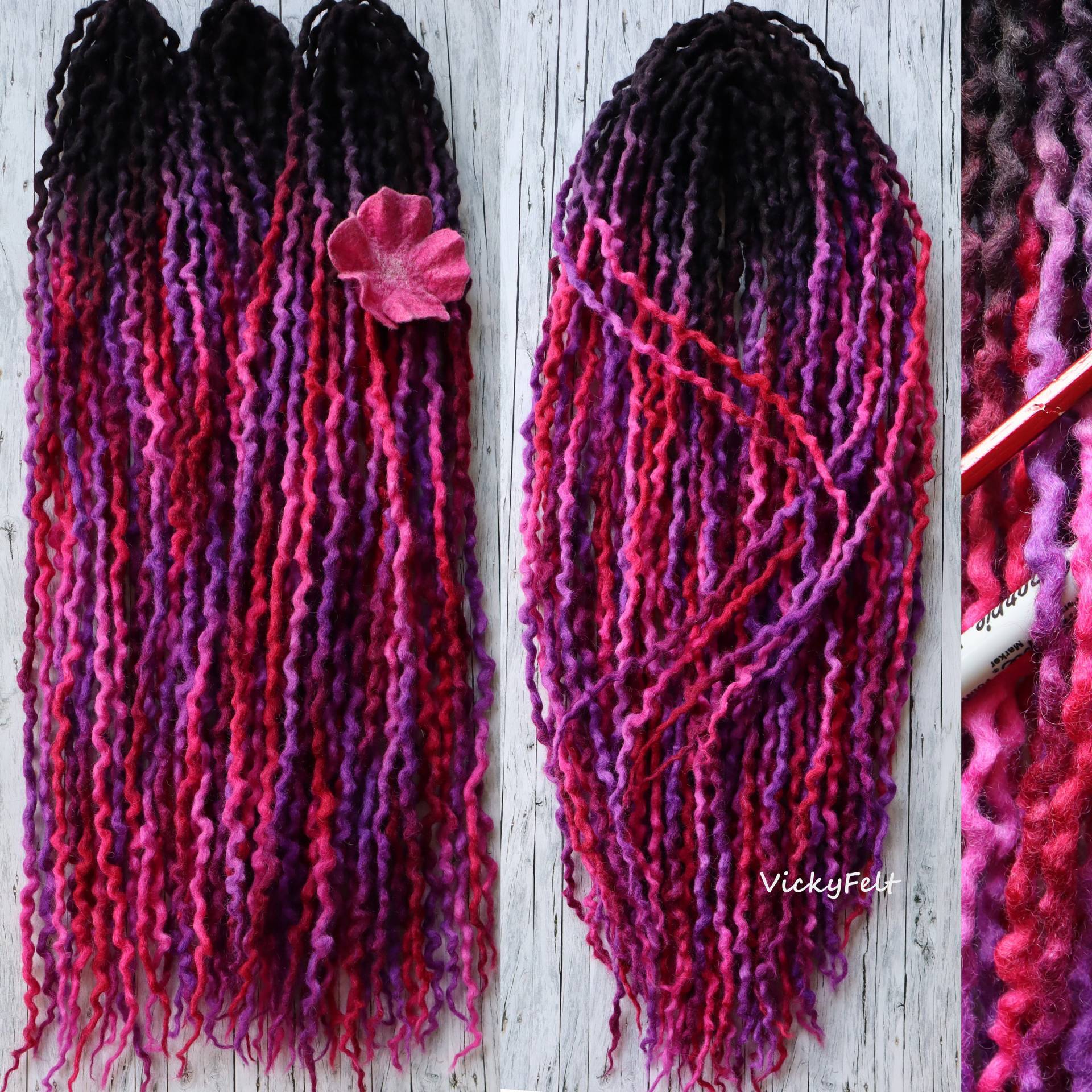 Dünne Wolle De Gewellt Dreads 10 Bis 70 Dreadlocks Doppelendige Verlängerungen Ombre "Fiery Fuchsia" 14 32 Zoll Fuchsia Pink Rot Schwarz Wurzeln von VickyFelt