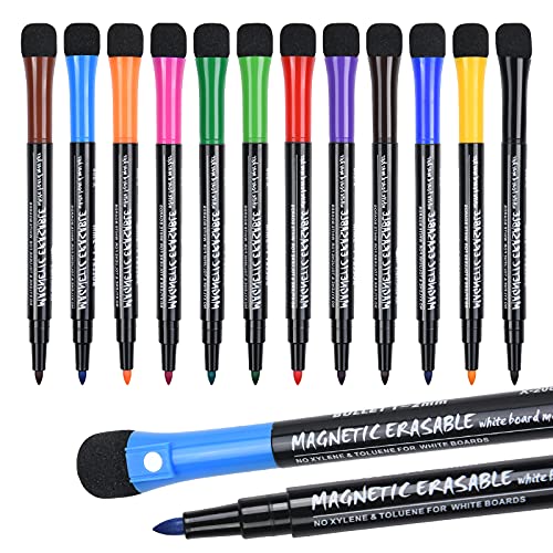 Vicloon 12 Farbe Whiteboard Stifte-Whiteboard Marker, Abwischbare Stifte, Dry Erase Marker mit Schwamm Magnete, Schwamm Whiteboard Stifte, Trocken Abwischbar Stifte mit Radierer für Fenster/Glas/Tafel von Vicloon