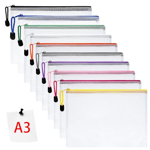 Vicloon Dokumententasche mit Reißverschluss A3, 10pcs Mesh Plastic Zip Bag, Wasserdichte Document Case, Reißverschlusstasche Zip Beutel Tasche Wallet Taschen Kunststoff Mesh Dokumentenmappen von Vicloon