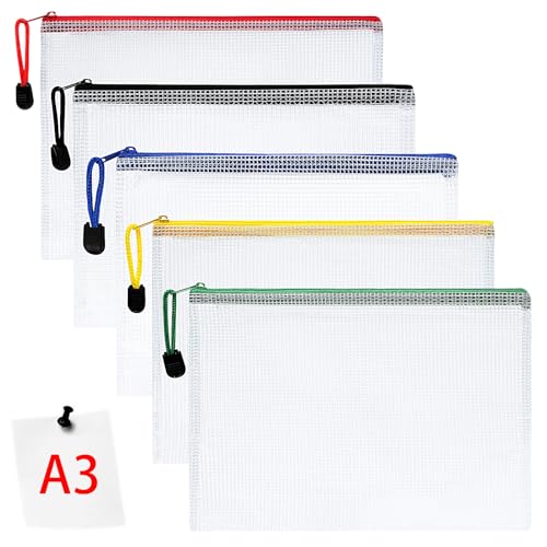 Vicloon Dokumententasche mit Reißverschluss A3, 5 pcs Mesh Plastic Zip Bag, Wasserdichte Document Case, Reißverschlusstasche Zip Beutel Tasche Wallet Taschen Kunststoff Mesh Dokumentenmappen von Vicloon