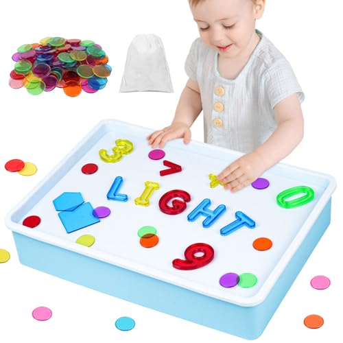 Vicloon Light Box Blau mit 151 Bunte Buchstaben, Zahlen, Rechensymbole und Geometrie, Sensorisches Spiel für Kinder ab 3+, Leuchttisch für Kinder, 10 Stufige Dimmung, Zählen und Buchstabieren üben von Vicloon