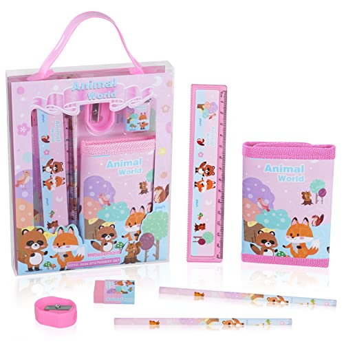 Vicloon Tier Schreibwaren Set, Schreibwaren Geschenkset für Mädchen, Radiergummi, Anspitzer, Brieftasche, Lineal, Bleistift, Kinder Mitgebsel, Niedliches Geschenk Set für Mädchen und Junge(Tier) von Vicloon