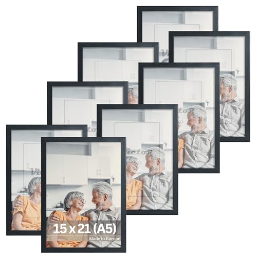 VictoR Bilderrahmen Dali 8er Set 15x21 cm (A5) Schwarz - Fotorahmen Holz A5 - Bilderrahmen Set Schwarz 15x21 - moderner Holzrahmen mit bruchsicherem Acrylglas von VictoR