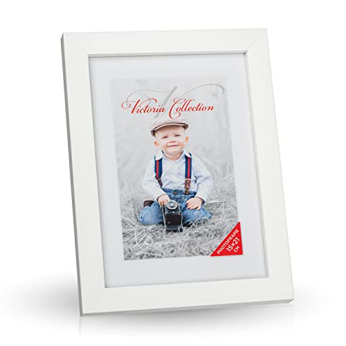 Klassischer Holz Bilderrahmen für DIN A5 / 15x21 cm Fotos - Fotorahmen in Weiß mit Echtem Glas für Schöne Momente | Freistehender Holzrahmen geeignet für Tisch & Wand, Hoch- & Querformat von Victoria Collection