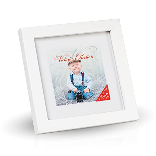 Victoria Collection Klassischer Holz Bilderrahmen für 15x15 cm Fotos - Fotorahmen in Weiß mit Echtem Glas für Schöne Momente | Freistehender Holzrahmen geeignet für Tisch & Wand, Hoch- & Querformat von Victoria Collection