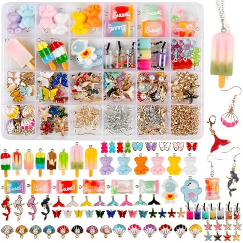 Victse Charms Anhänger Set, Schmuck Selber Machen Set für Halskette, Charms Schmetterling Nixen Bubble Tea Anhänger Schlüsselanhänger Gummibärchen Ohrringe DIY Geschenk für Kollegen Freunde Mädchen von Victse