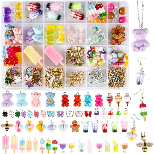 Victse Charms Anhänger Set, Schmuck Selber Machen Set für Halskette, Kleeblatt Glücksbringer, Lucky Charms Schmetterling Bubble Tea Anhänger Schlüsselanhänger Gummibärchen Ohrringe DIY Geschenk (Set2) von Victse