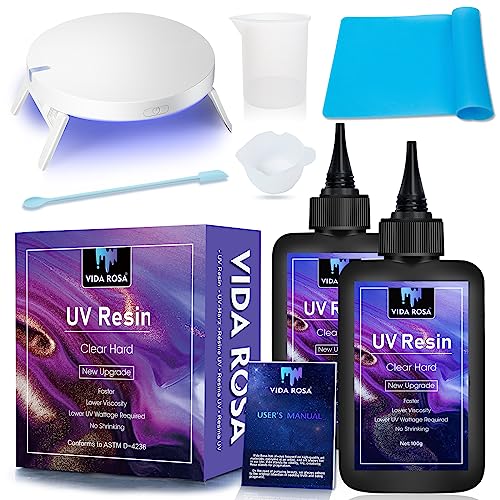 VIDA ROSA 200g UV Harz Kit Super Clear mit UV Lampe, Silikon Rührstab, Messbecher und Silikon Pad, ein Quick Cure UV Harz Kit für die Schmuckherstellung und beständig gegen Gelbfärbung von VidaRosa