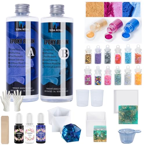 VidaRosa Kristallklares Epoxidharz-Set für Anfänger, 600 ml, Starter-Set mit Formen, Pigment, Harz-Zubehör, Beschichtung und Gießuntersetzer-Formen für Kunst, Handwerk, Schmuck von VidaRosa