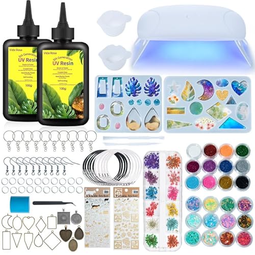 Vida Rosa 200 ml UV-Harz-Kit mit UV-Lampe, Starter-Set für die Schmuckherstellung und -beschichtung, Ohrringhaken, Halskettenkette, 2 Formen, Zubehör, Glitzer, Trockenblume, schnelle Aushärtung von VidaRosa