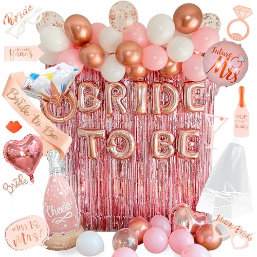 VIDAL CRAFTS Rose Gold Brautdusche Dekorationen - Ideal für Brautparty & Junggesellinnenabschied Dekor mit Latex- und Konfetti-Ballons, Brautbanner, Brautschleier, Fransenvorhänge, Brautschärpe und von Vidal Crafts for a perfect party