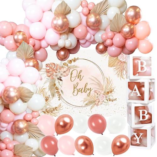 Vidal Crafts 136 Stück Boho Pink Baby Shower Dekorationen für Mädchen - Mädchen Baby Shower Dekorationen Set mit Oh Baby Schild für Hintergrund, Ballongirlande & Baby Ballonboxen für eine von Vidal Crafts for a perfect party