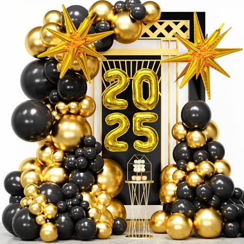 Vidavan 2025 Schwarz und Gold Luftballons Bogen Kit 107pcs Schwarz Gold Latex Ballons mit Stern für Silvester Geburtstag Abschlussfeier Party Dekoration von Vidavan