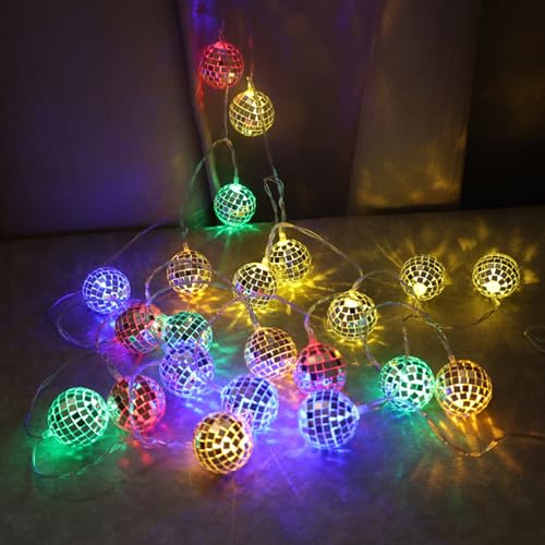 10 LED Disco Kugel Licht, 1,5m Spiegelkugel Lichterkette Bunte Kugel Lichterkette Mini Disco Bälle Party Licht Batteriebetrieben Innen Spiegel Ball Lichterkette für Weihnachten, 70er Jahre Party von Vidillo