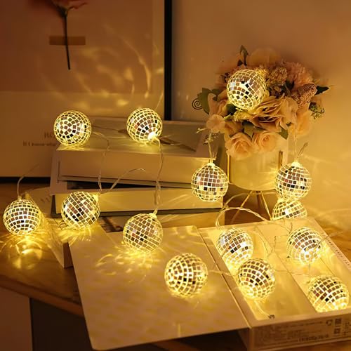 10 LED Disco Kugel Licht, 1,5m Spiegelkugel Lichterkette Kugel Lichterkette Mini Disco Bälle Party Licht Batteriebetrieben Innen Spiegel Ball Lichterkette für Weihnachten, 70er Party (Warmes Weiß) von Vidillo