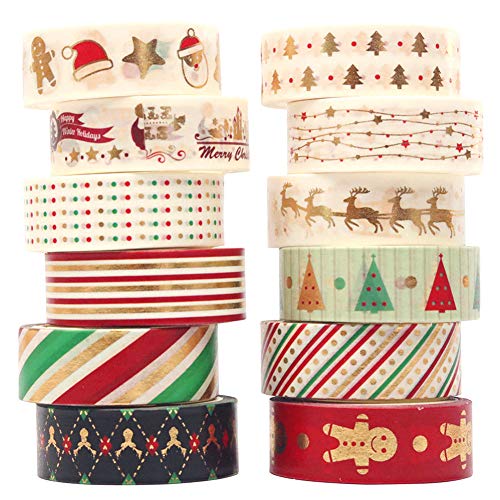 VIDILLO Set 12 Rolls Weihnachten Gold Washi Masking Tape Dekorative Klebeband für Scrapbooking DIY Handwerk Bastler verschönert Journals Planer Karten Geschenkverpackung Bänder Hochzeit von Vidillo