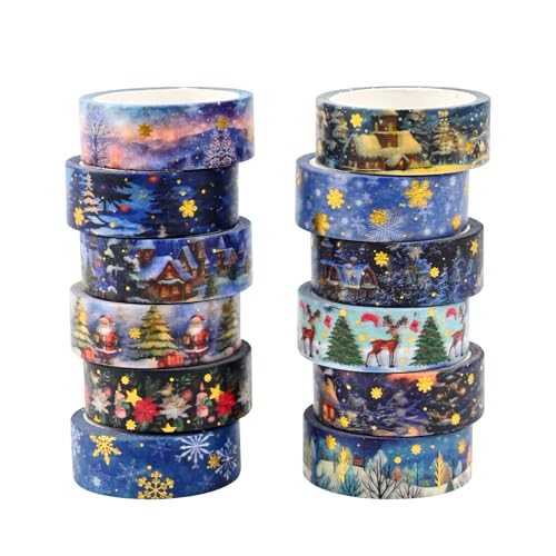 Washi Tape Set 12 Rolls Weihnachten Schwarz Washi Masking Tape Dekorative Klebeband für Scrapbooking DIY Handwerk Bastler verschönert Journals Planer Karten Geschenkverpackung Bänder Hochzeit (Blau) von Vidillo