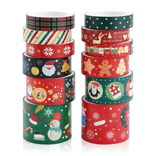 Washi Tape Set 12 Rolls Weihnachten Schwarz Washi Masking Tape Dekorative Klebeband für Scrapbooking DIY Handwerk Bastler verschönert Journals Planer Karten Geschenkverpackung Bänder Hochzeit (Grün) von Vidillo