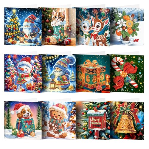 12 Stück Diamond Painting Weihnachtskarten,5d diamond painting,Handgemachtes Diamant Malerei Grußkarten mit umschlag set,postkarten weihnachten,Weihnachten Geschenk für Freunde und Familie und Lehrer von Viechoes