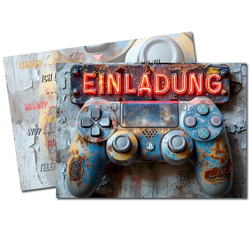 Vielucks® 15 x Gaming Einladungskarten - DIN A6 - Original,Einladungskarten Kindergeburtstag Junge Mädchen, Geburtstagseinladungen,Gaming Konsolen Zocker Party deko,Thema Partyspiel (Grau) von Vielucks