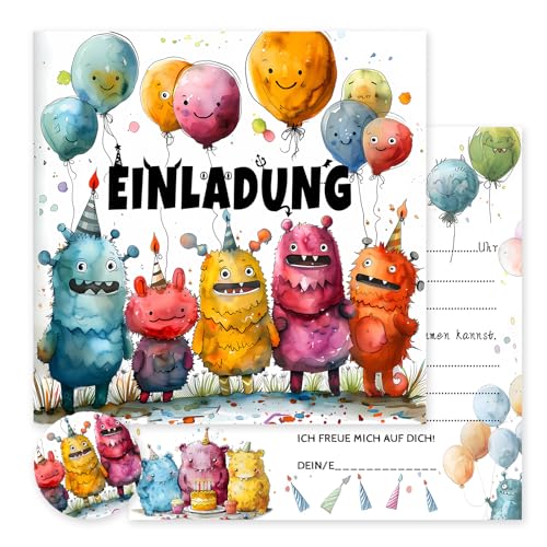 Vielucks®15 x Dino Einladungskarten-Quadrat -Original-mit Aufkleber,Einladungskarten Kindergeburtstag Junge Mädchen,Geburtstagseinladungen,Partyeinladungen,Einschulung Einladungskarten (Monster) von Vielucks