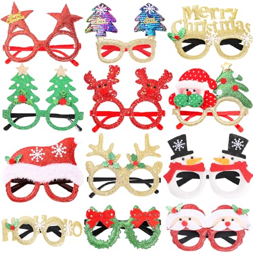 Viicoor 12 Stück Weihnachtsbrillen Party Glitzer Brillenrahmen mit 12 Designs, Weihnachtsdekoration Zubehör, Kostümbrille für Weihnachtsfeiern, Urlaubsgeschenke, Weihnachtsschmuck, Geschenk von Viicoor