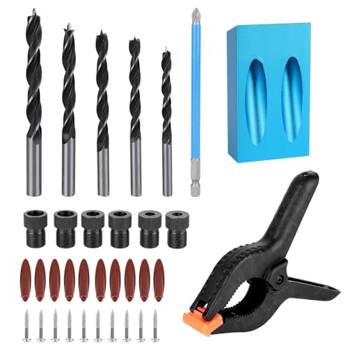 Viitech 34 Stück Loch Jig Kit, Doppel Pocket Hole Jig Schräges Loch Positioniere Ortungs Set, 15 ° Schrägloch Positionierer, 6/7/8/9/10mm Dübel Bohrer Schreinerei Tasche Loch Jig Clamp Kit von Viitech