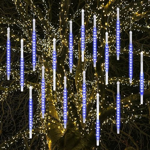 Vikdio Meteorschauer Regen Lichter, 30cm 16 Spiralröhren 480 LEDs Wasserdicht Eiszapfen Fallen für Hochzeit Weihnachten Garten Baum Home Decor, Unterstützung 2 Sätze Anschließen (Blau) von Vikdio