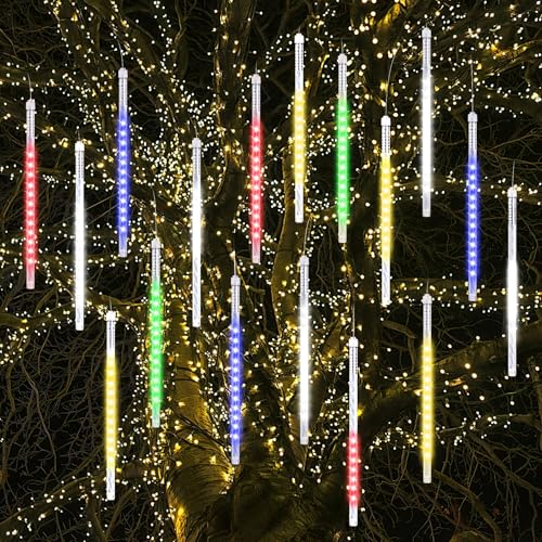 Vikdio Meteorschauer Regen Lichter, 30cm 16 Spiralröhren 480 LEDs Wasserdicht Eiszapfen Fallen für Hochzeit Weihnachten Garten Baum Home Decor, Unterstützung 2 Sätze Anschließen (Mehrfarbig) von Vikdio